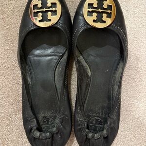Tory Burch Black Flats with Gold Logo